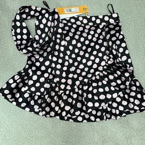 Tanya Taylor pink and black satin polka dot skirt